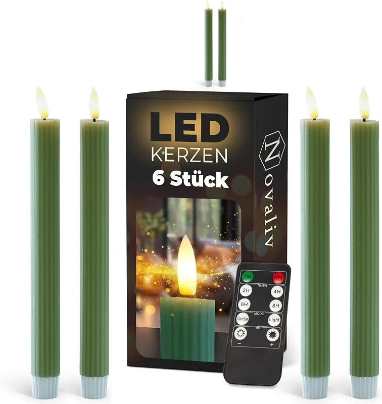 Besuche den Novaliv-Store Stabkerzen LED mit Timer Grün 6 Stück indoor - 6 Stunden - ECHTWACHS gerippt 23cm Höhe für Kerzen 2, 2cm Durchmesser 2 AAA Batterien notwendig LED Stabkerzen 2er Set Grün (zwei Mal) bewegliche Flamme — Kerzenlicht Abendessen