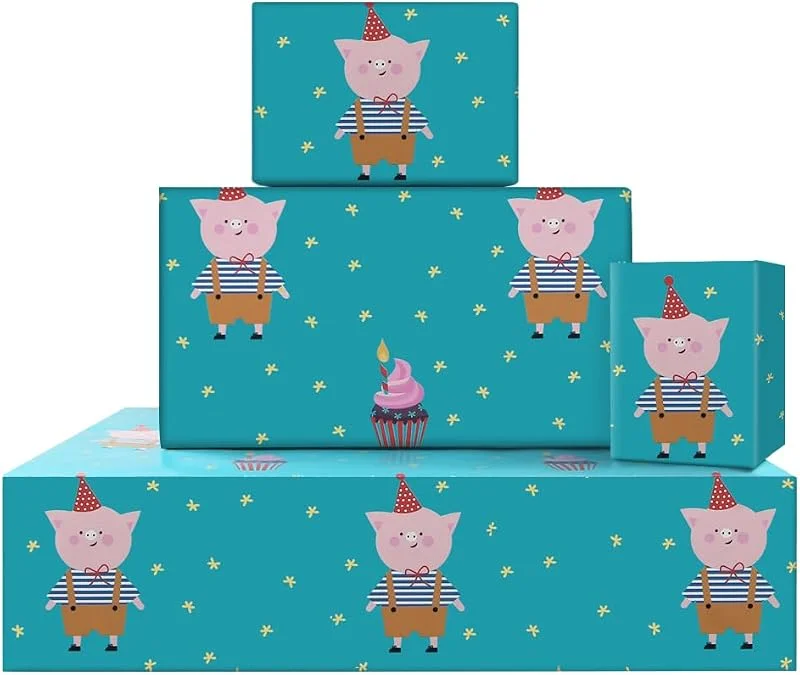 Marke: Geluode Geschenkpapier für Jungen und Mädchen, 4 Bögen, süßes Schwein mit Kuchenmuster, grünes Geschenkpapier für Geburtstag, Weihnachten, Frühling, Party, Kinder, Geschenkpapier, 50 x 70 cm — Geschenkverpackung