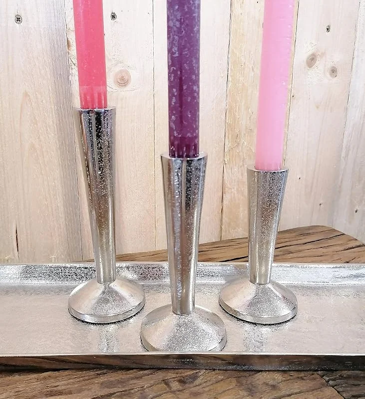 Besuche den MichaelNoll-Store MichaelNoll 3er Set Kerzenständer Kerzenhalter Aluminium Silber Deko - Kerzenleuchter aus Metall - Tischdeko Hochzeit - H 13 cm, 15, 5 cm, 18 cm — Kerzenlicht Abendessen