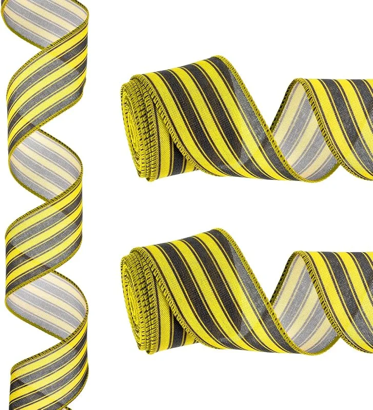Besuche den PATIKIL-Store PATIKIL 12 Yards x 2" Gestreiftes Band Gelb Und Schwarz Drahtverstärktes Geschenkband Leinenband Für Weihnachten Basteln Geburtstag Hochzeit Fest Kranz — Geschenkverpackung
