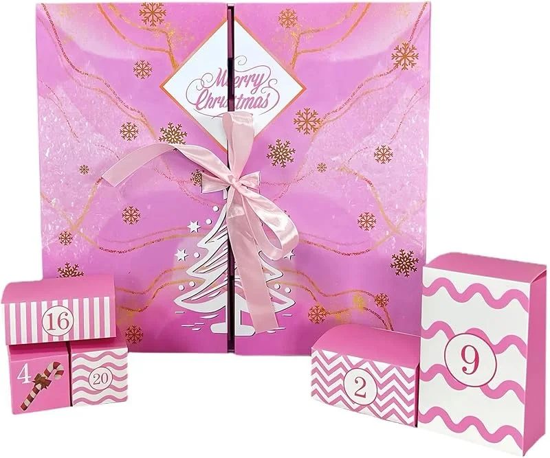 Marke: Generisch Nachfüllbarer Countdown-Kalender, 24 Tage, leere rosa faltbare Geschenkbox — Advent und Tisch