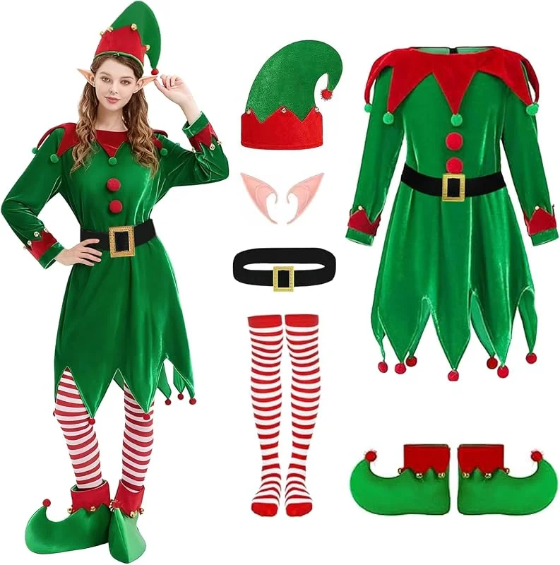 Marke: DERJLY Women Christmas Elf Costume: 6-Pack Set Cute Velvet Dress with Accessories Hat Ears Shoes Belt Socks Xmas Party Outfit — Weihnachtsmode