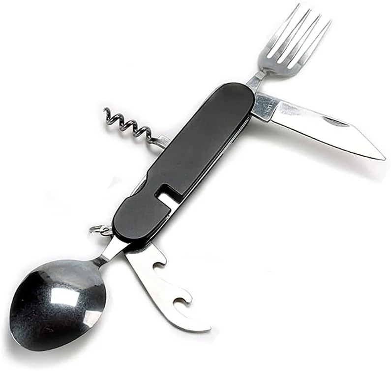 Marke: HUACHENG Multifunktionales Klappsäbel, 6 in 1 Campinggeschirr Edelstahl Gabelmesser Löffel Flaschenöffner Set, geeignet für Outdoor, Wandern, Indoor, Familientreffen (schwarz) — Wein und Festtafel