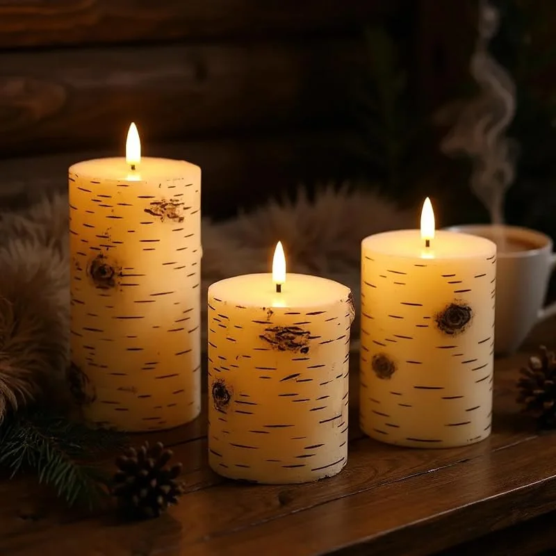 Besuche den Spetebo-Store LED Kerze warm weiß in Birkenholz Optik 3er Set mit Timer - 18, 15, 13 cm - Künstliche Wachskerze mit Flacker Effekt - Deko Stumpenkerze Tischdeko Stimmungslicht Batterie betrieben für Innen — Kerzenlicht Abendessen
