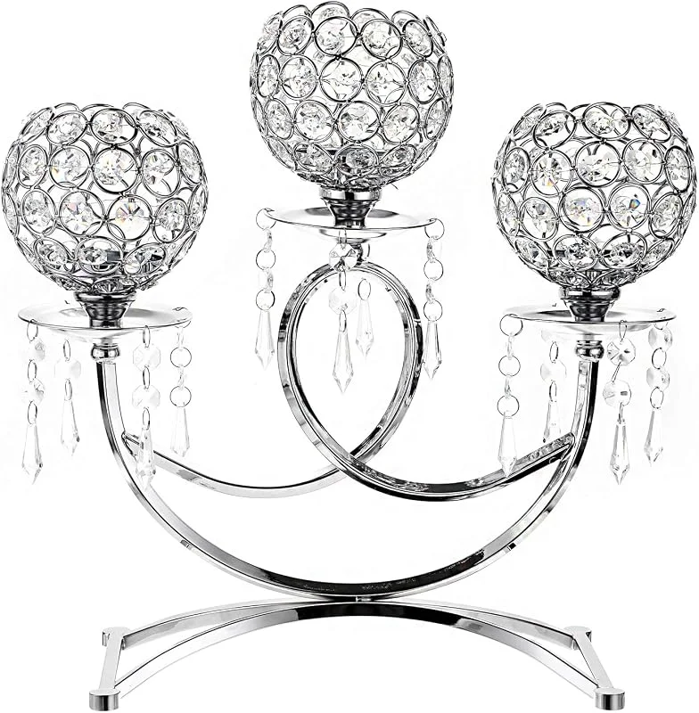 Marke: OwnMy OwnMy 3-Armiger Kristall-Kerzenhalter mit Schalen, Teelichter, Kerzenständer, Ornamente für Hochzeit, Esstisch, Weihnachten, Party, Heimdekoration, Tafelaufsatz (Silber) — Kerzenlicht Abendessen