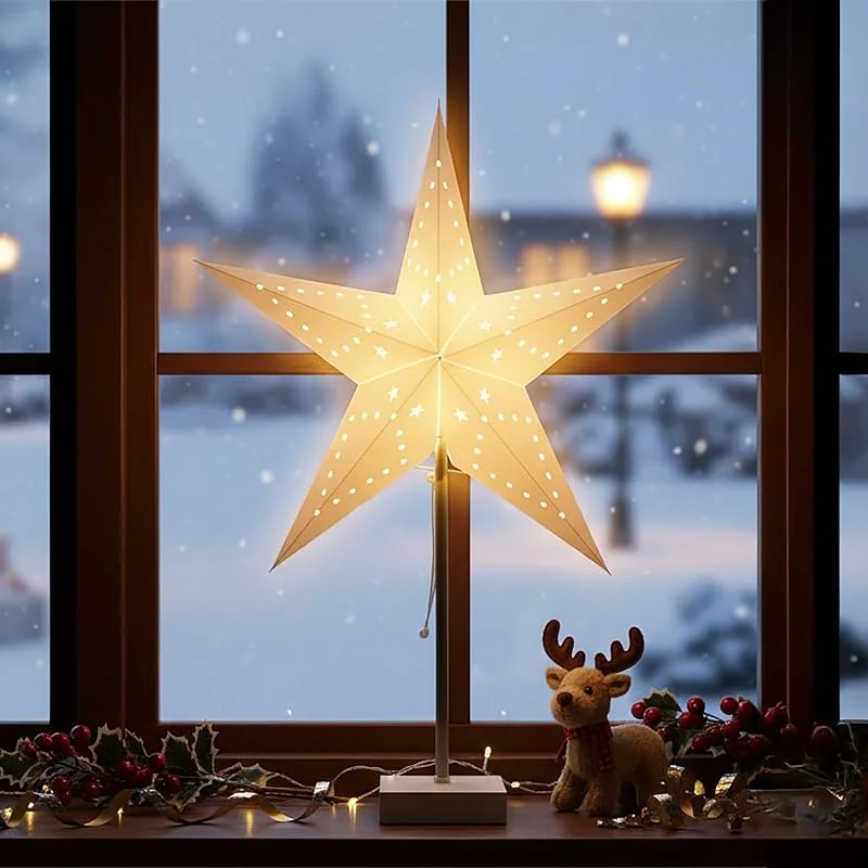 Besuche den Spetebo-Store Spetebo Papier Weihnachtsstern Leuchte auf Fuß 60 cm - weiß - Stern Dekolampe für E14 Glühbirnen — Weihnachtsdeko