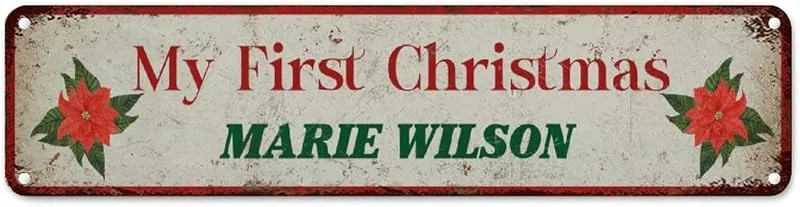 Marke: CowkissSign My First Christmas Retro Metall Wandschild Vintage Weihnachtskranz Blumenmuster Custom Metallschild Winter Weihnachten Urlaub Aluminium Kunst Schilder Qualität Metallschild für Wohnzimmer 61 x 15, 2 cm — Weihnachtsdeko