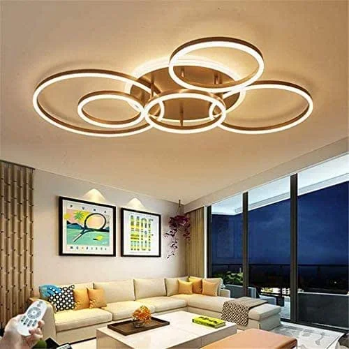 Marke: HYKISS HYKISS LED-Deckenleuchte 86W Modern Dimmbar 6 Ringe Deckenlampe Metall-Acryl Runde Kronleuchter Wohnzimmer Küche Schlafzimmer Büro Kinderzimmer Lampe Beleuchtung, Mit Fernbedienung, Ø115CM, Braun — Kerzenlicht Abendessen