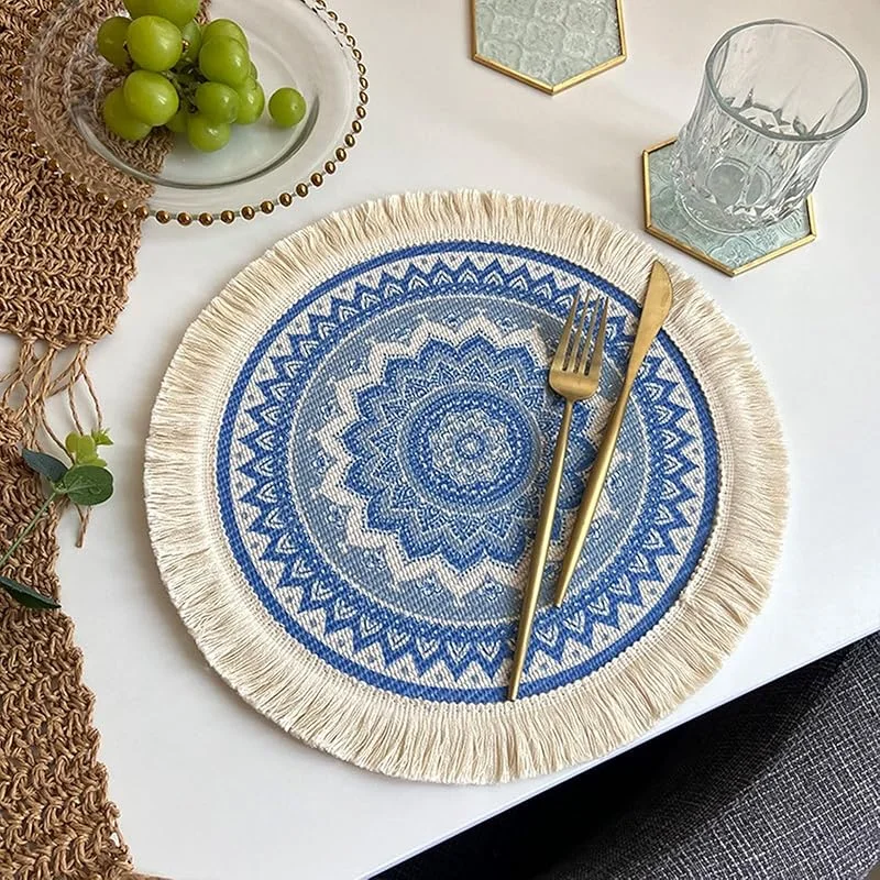 Besuche den Epinki-Store Epinki Tischset Modern Rund, 2er Set Polyester Baumwolle Platzset Elegant Mandala Blumen Muster Hitzebeständige, Tischuntersetzer Weihnachten Blau für Küche Restaurant und Hotel, 33CM — Küche & Haushalt