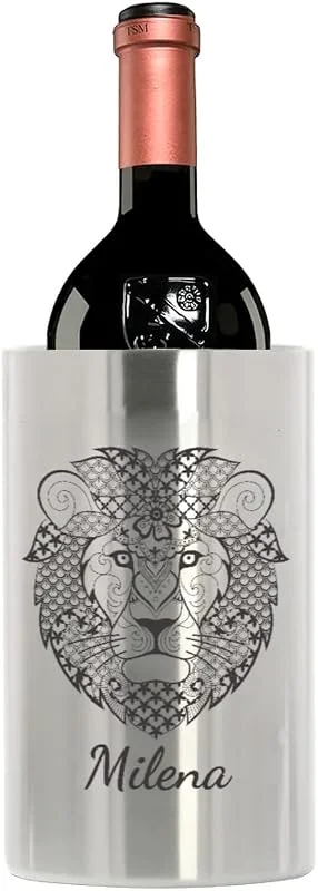 Besuche den gravur-fabrik.de-Store Flaschenkühler mit Gravur, Edelstahl doppelwandig, Zentangle Löwe — Wein und Festtafel